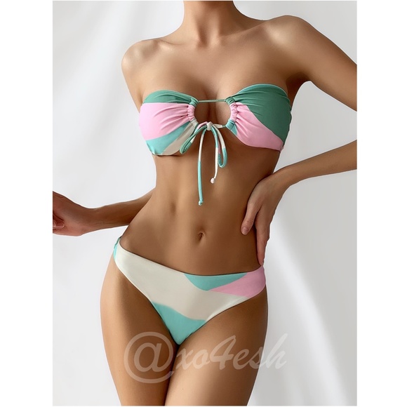 Colorblock 2 Piece Bikini Swimsuit Bandeau - Picture 2 of 9
